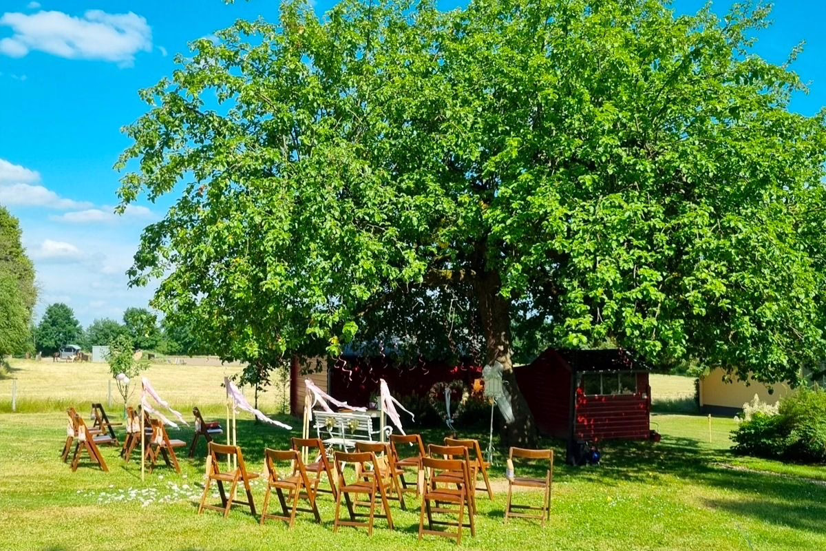 Freie Trauung im Sommer auf einer Wiese, Stühle im Schatten unter Bäumen